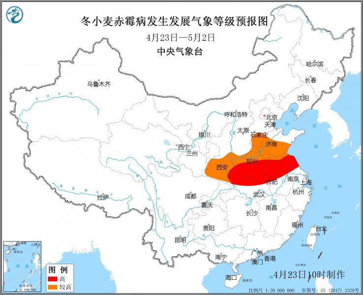 未来十天苏皖豫等地小麦赤霉病发生发展气象等级高